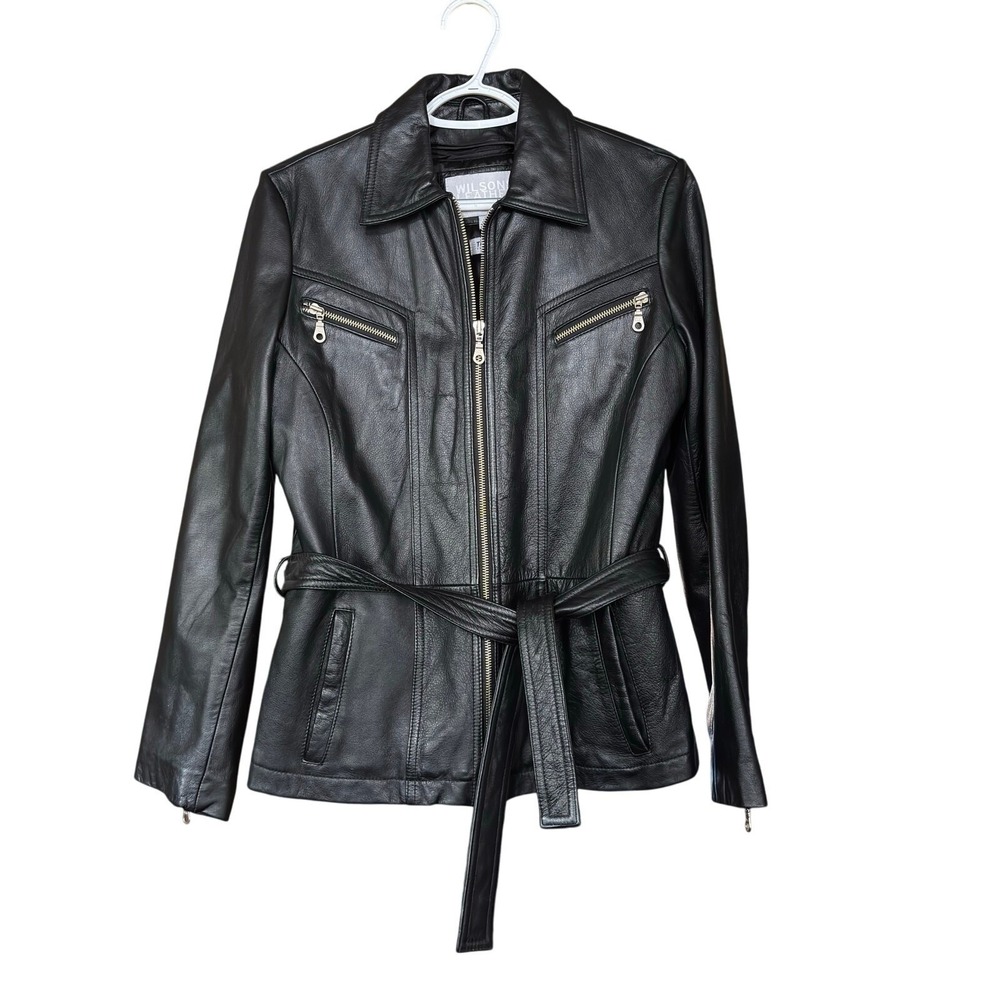 Wilsons Leather Maxima Motorcycle Jacket Medium Belted Black Classic Cafe Racer